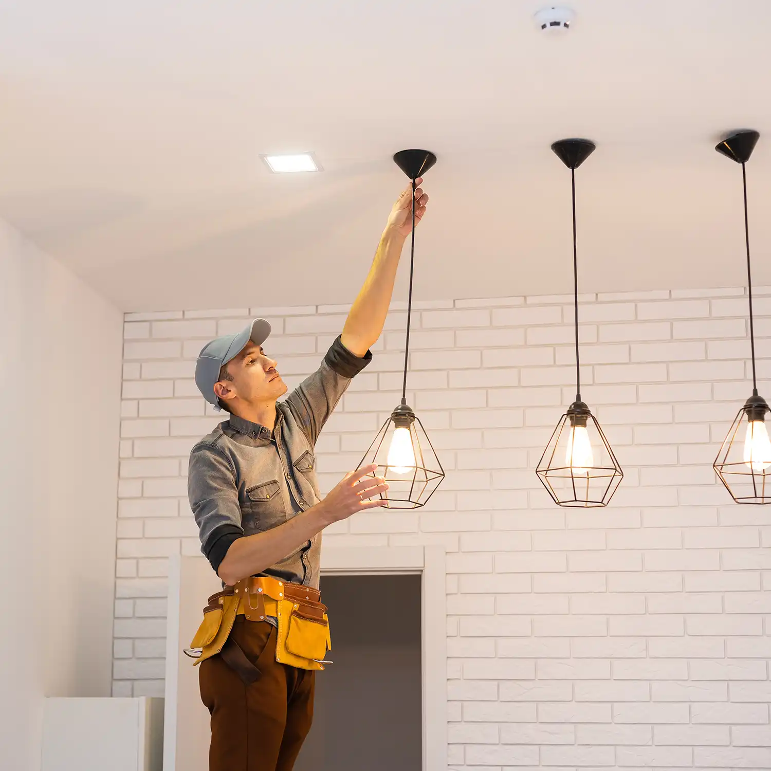 Elektriker Arbeiter Installation elektrische Lampen Licht innerhalb Wohnung. Bau Dekoration Konzept.